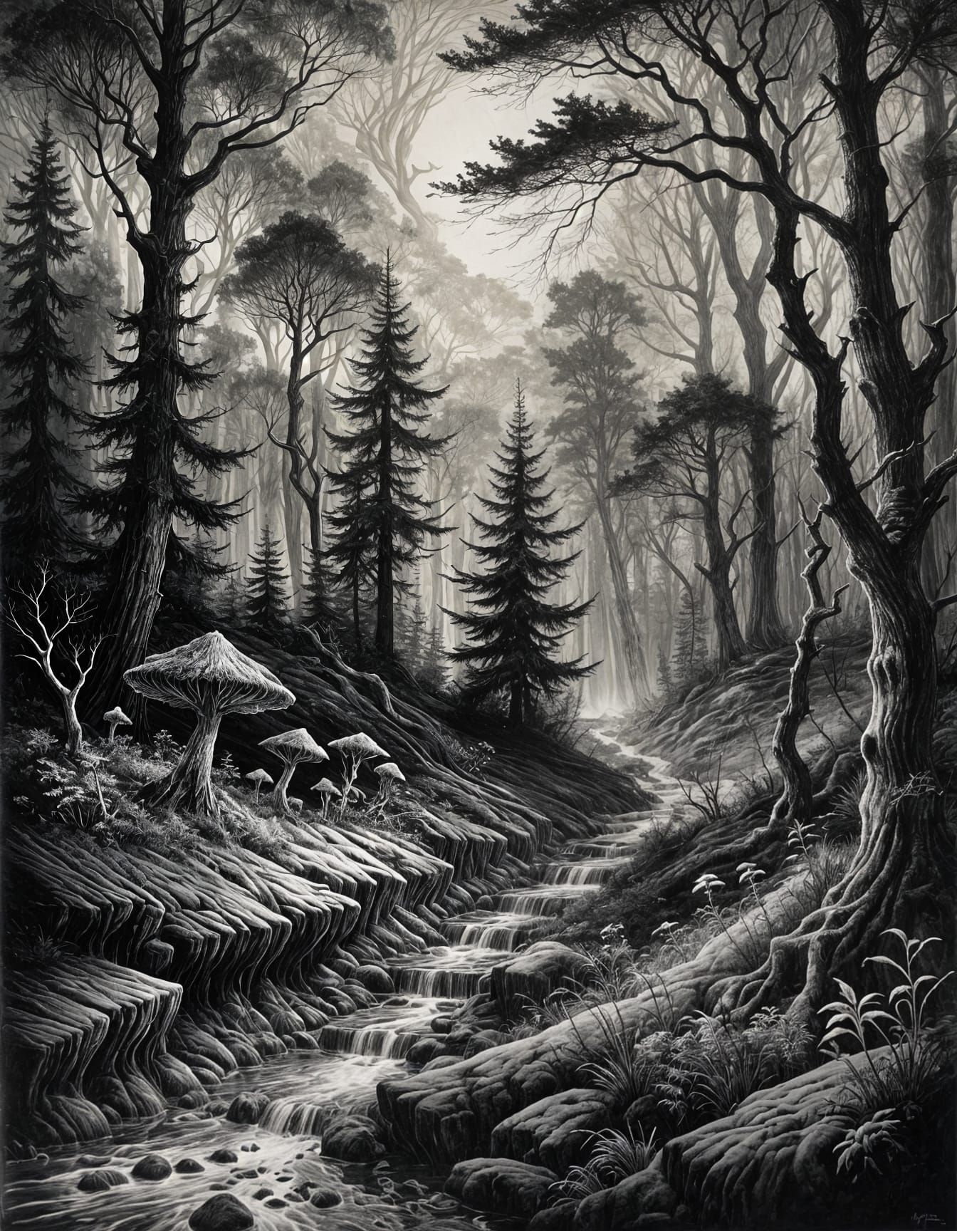 Intricate Black & White Ink Illustration of a Mystical Fores...