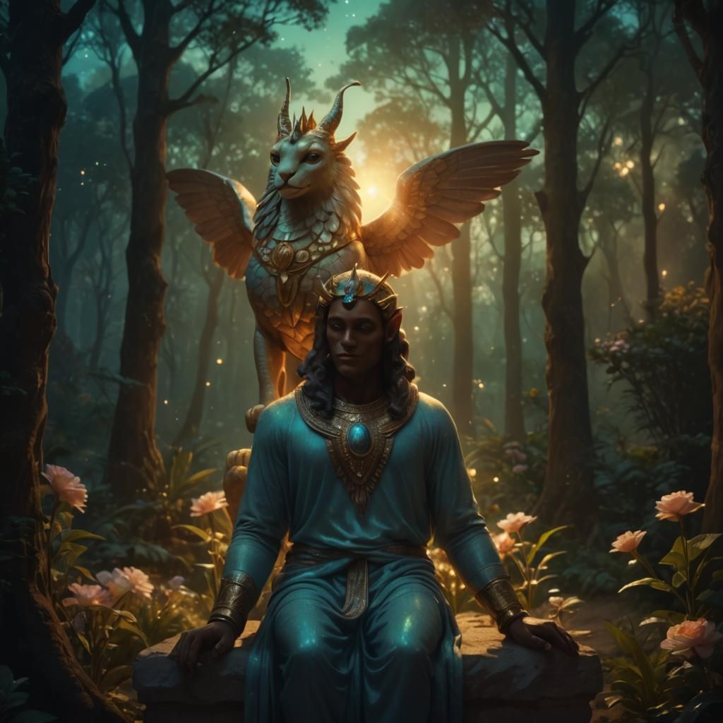 Winged Sphinx with Unicorn Horn Fantasy Illustration