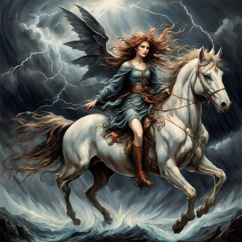 Ethereal Viking Warrior Rides Stormy Winds