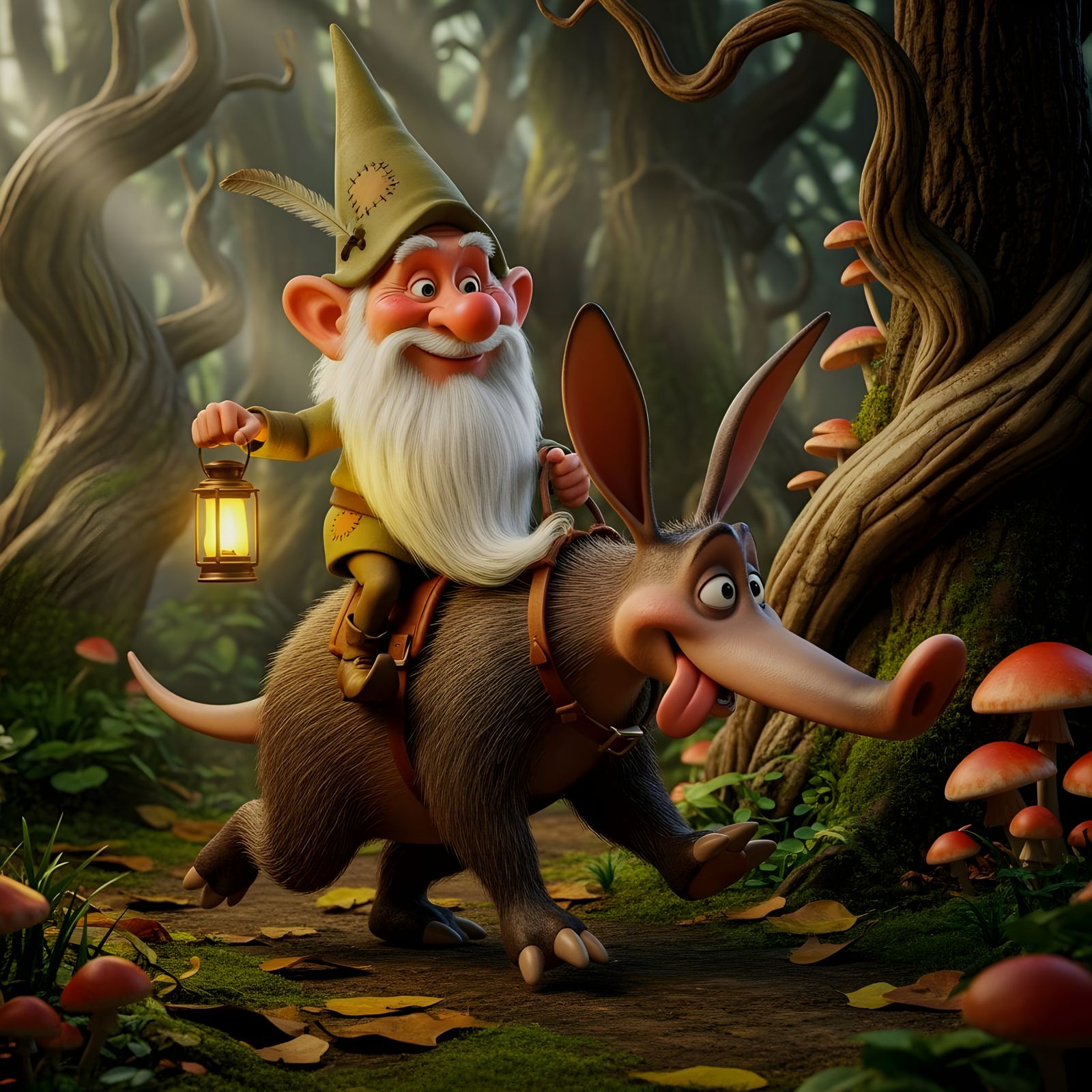 Gnome Rides Aardvark: Whimsical 3D Cartoon Caricature