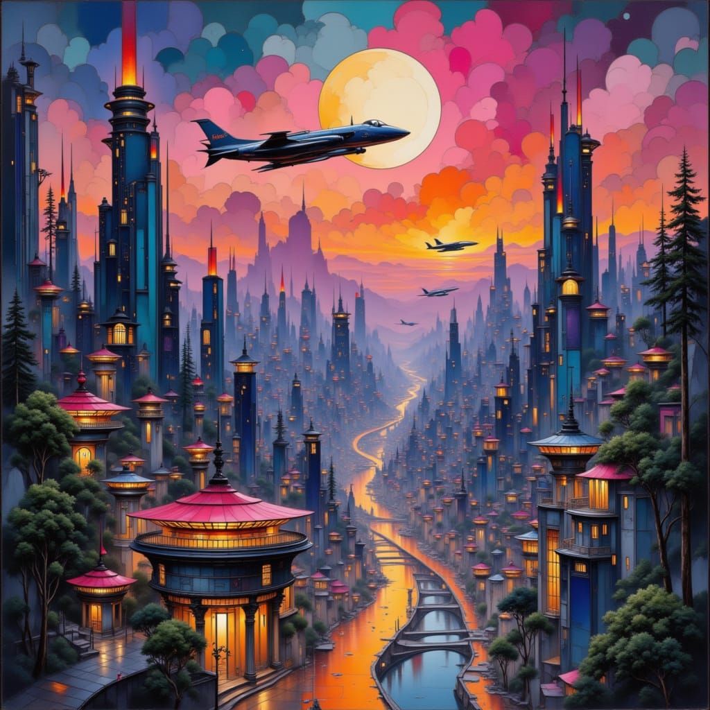 Breathtaking Cityscape at Twilight with Double Moon