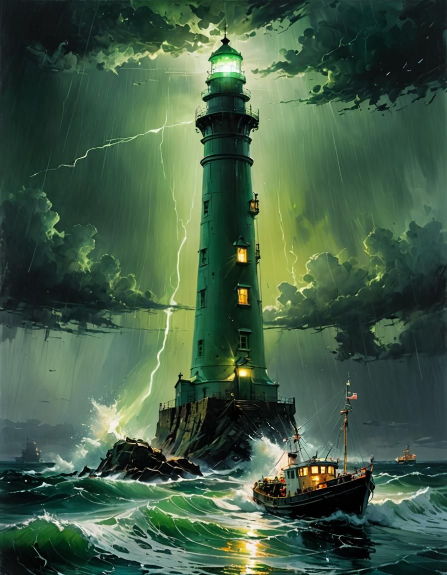 Dramatic Lighthouse Guiding Ships Through Stormy Sea