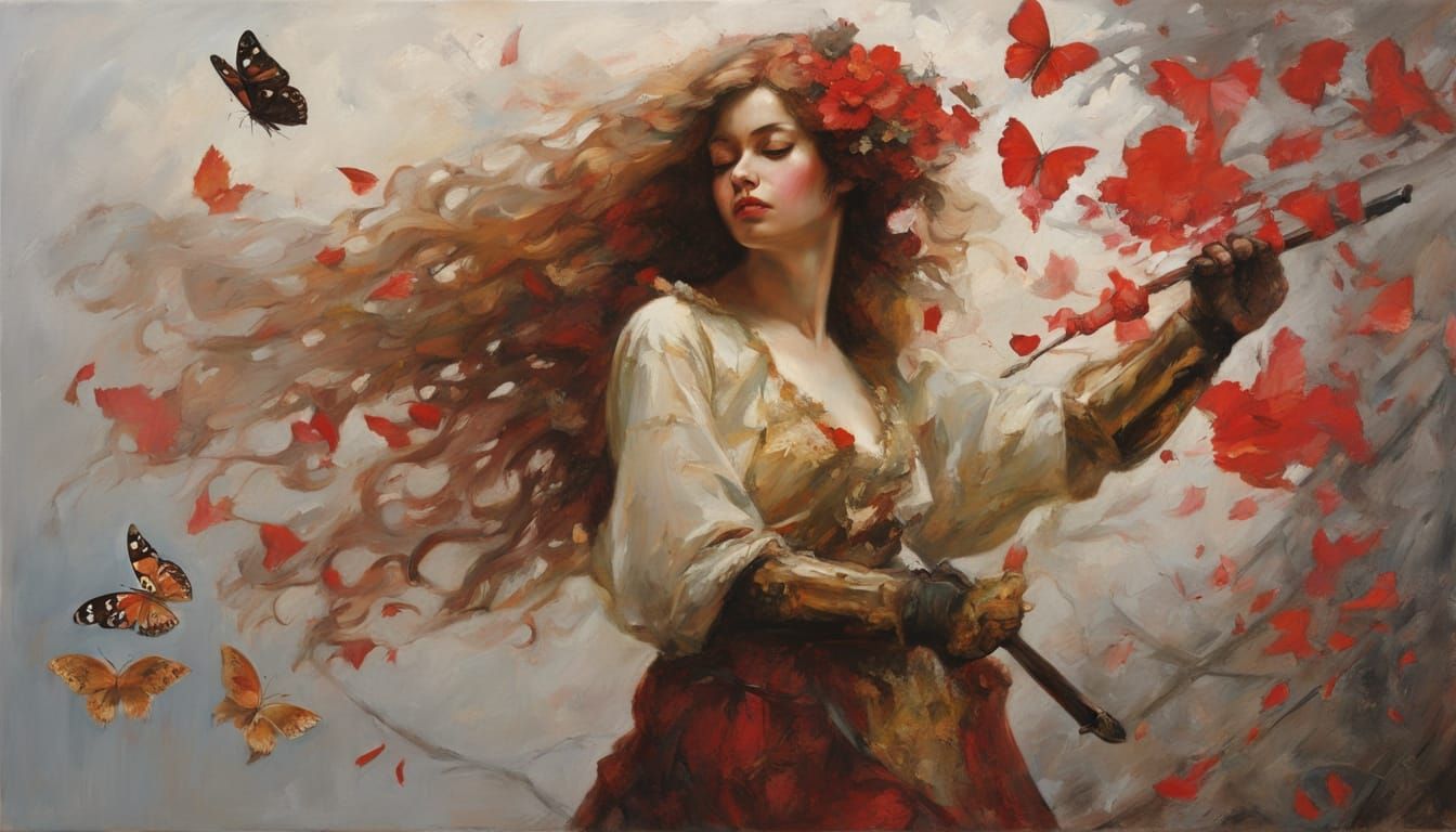 Maiden in Scarlet Petals and Butterflies, with Katana and Pr...