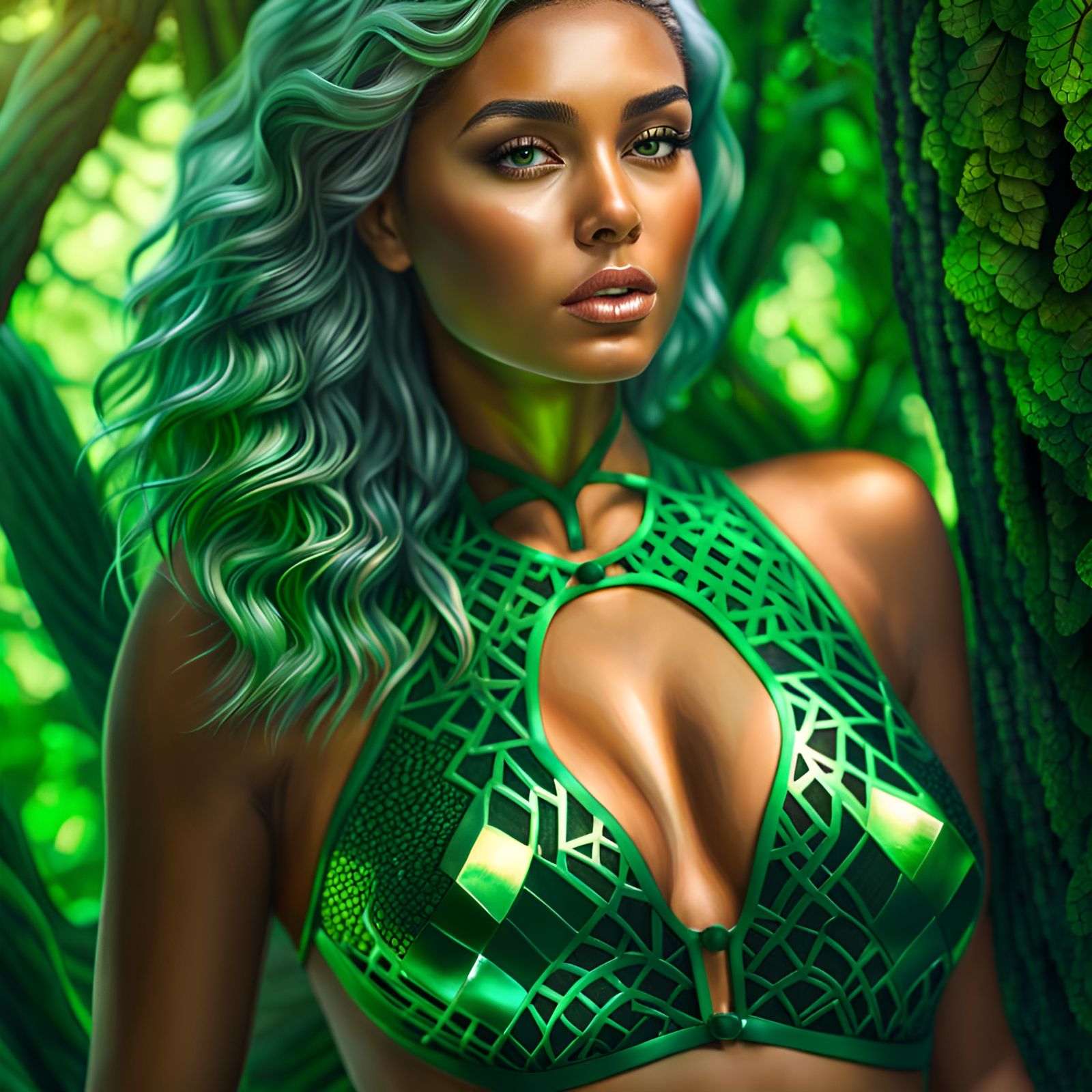 Voluptuous Green-Haired Model in Gemstone Bikini