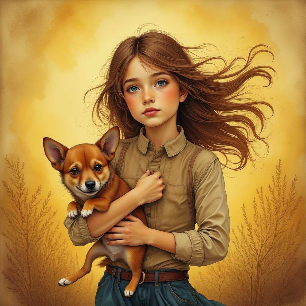 Storybook Girl Holds Dog With Hope As Light Fills Scene