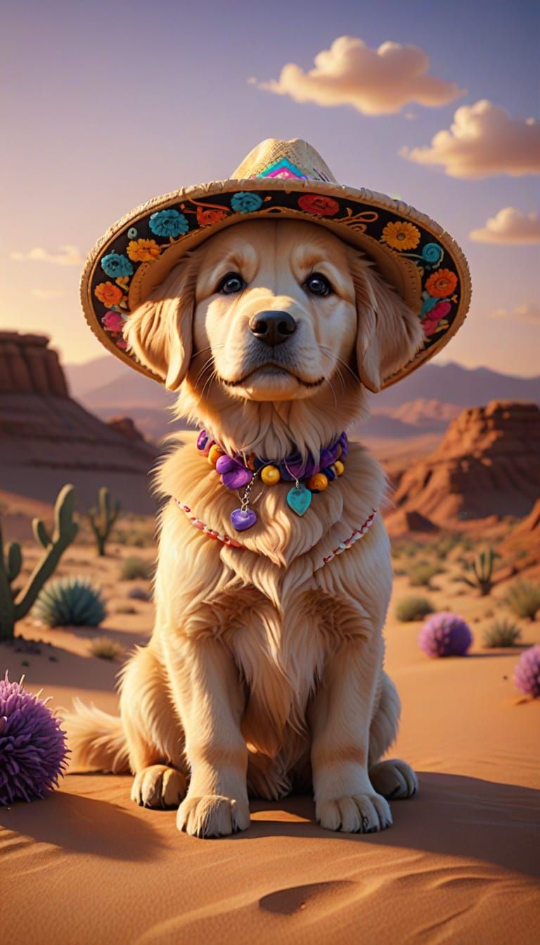Golden Retriever Puppy in Sombrero, Pixar-Style 3D Render