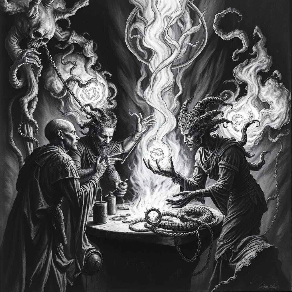 Spell Architects Conjuring Arcane Energies in Charcoal Drawi...