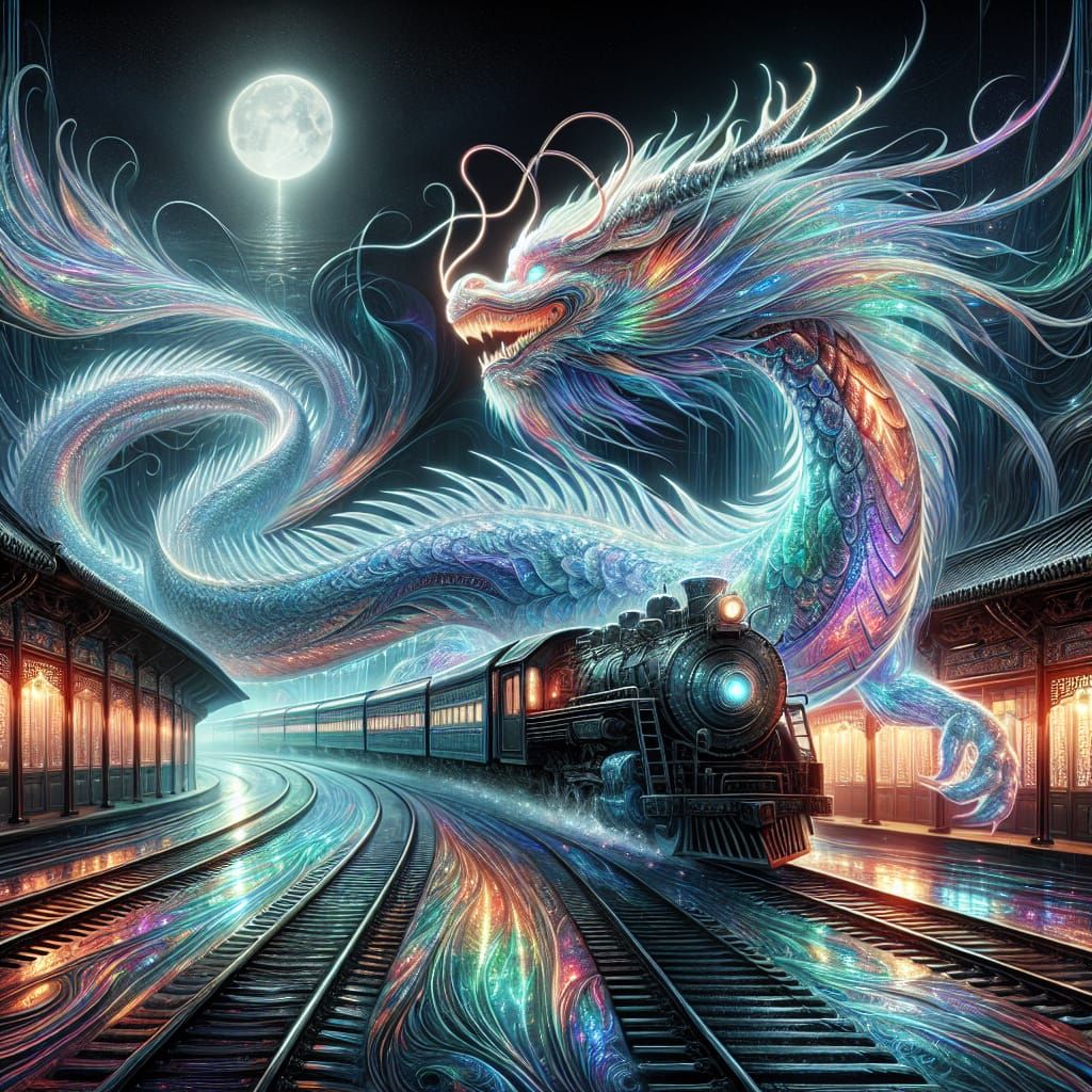 Mystical Railway Dragon in Holographic Style