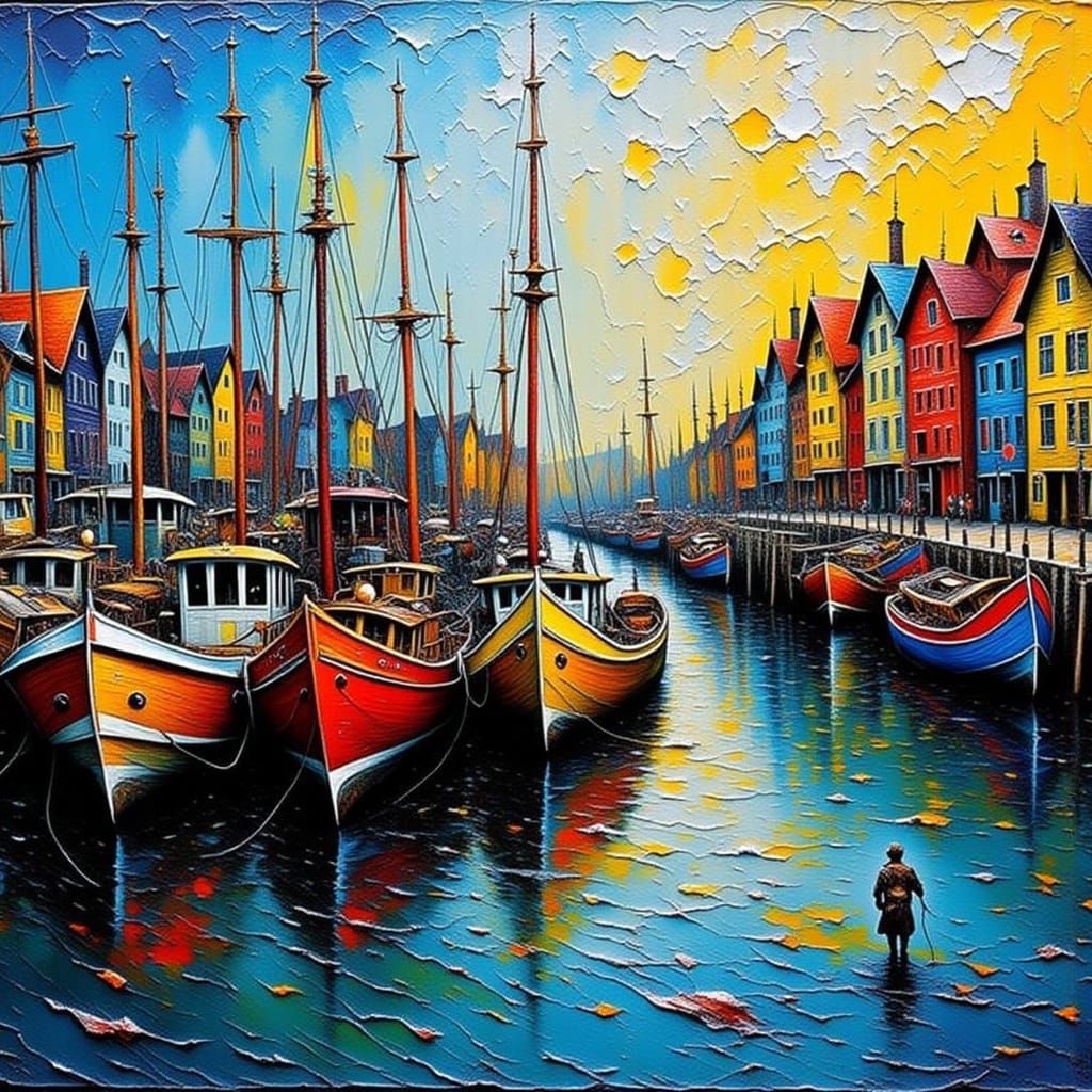 Impasto Harbor Scene in Expressionist Style