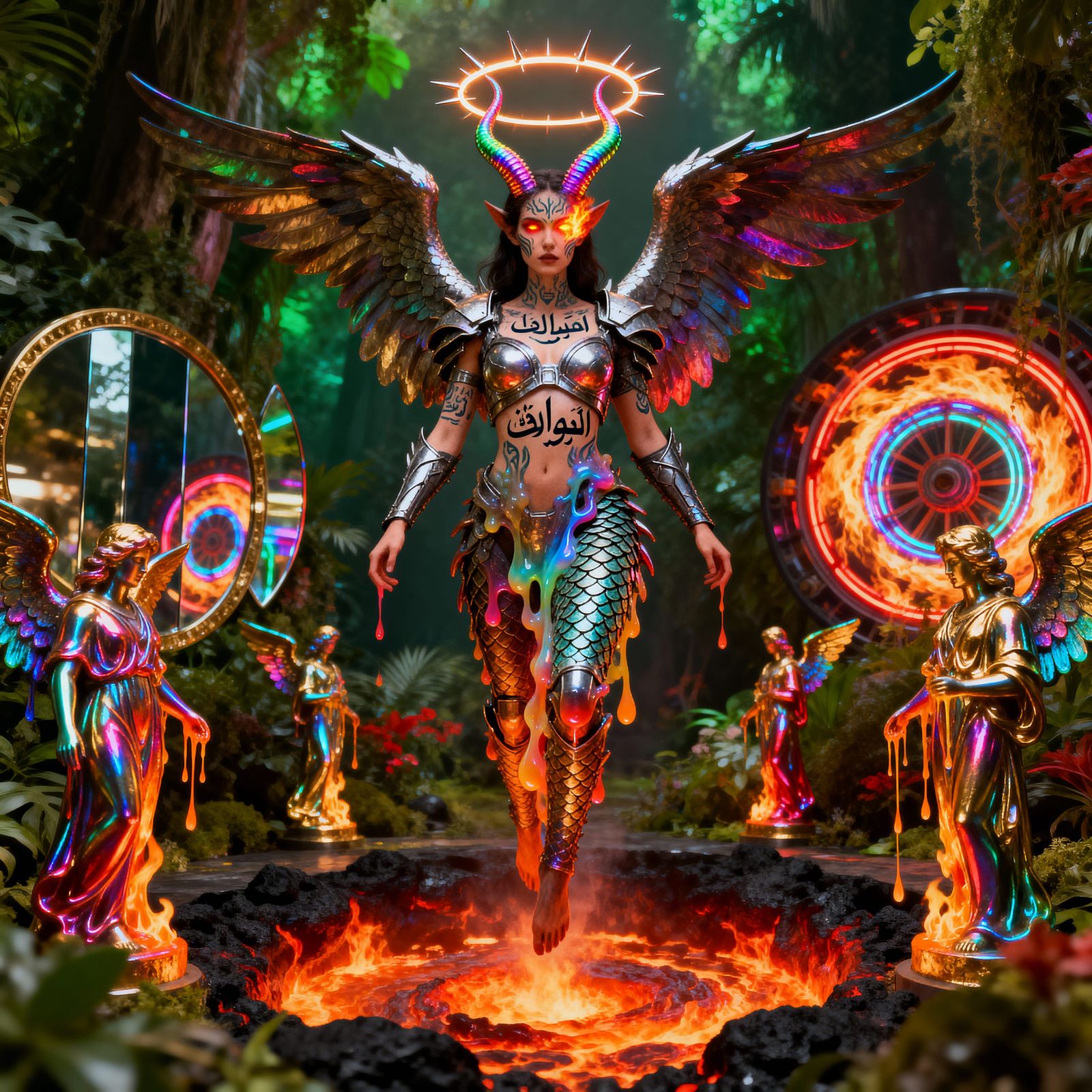 Angel Demon Goddess in Futuristic Armor with Luminous Tattoo...