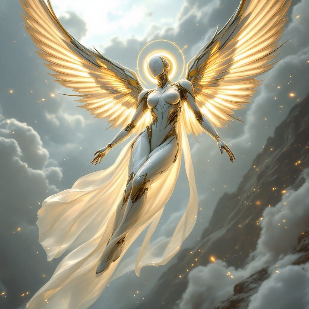 Futuristic Angelic Being Descends in Pearlescent White and G...