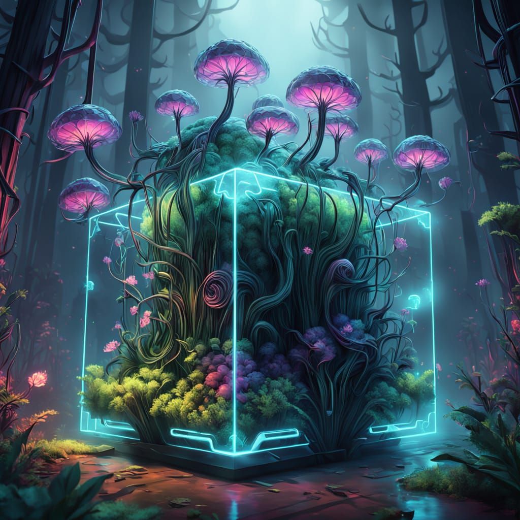 Vibrant, Iridescent Plant Emerges in Neon-Filled Cube Forest