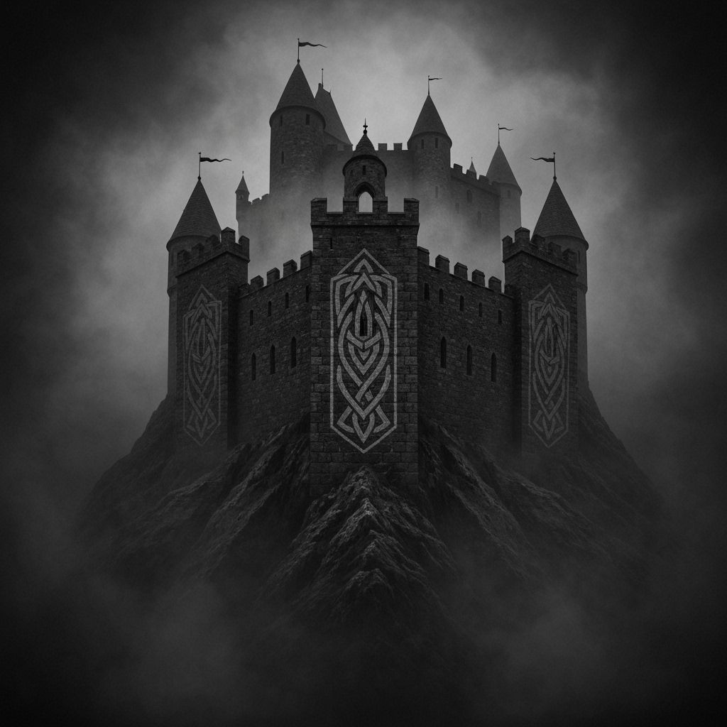 Gothic Castle on Hell Mountain in Black and White