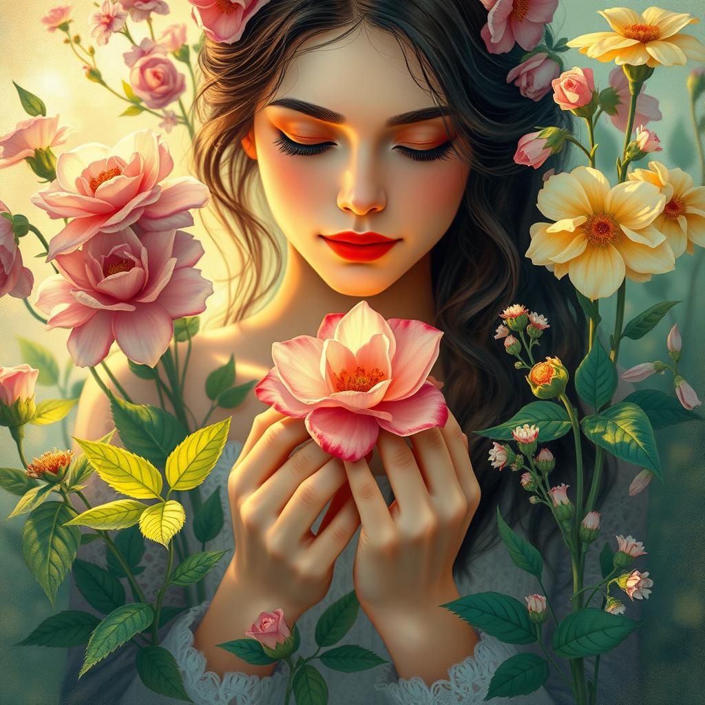 Floral Serenity: Woman and Blossoms in Impressionist Style