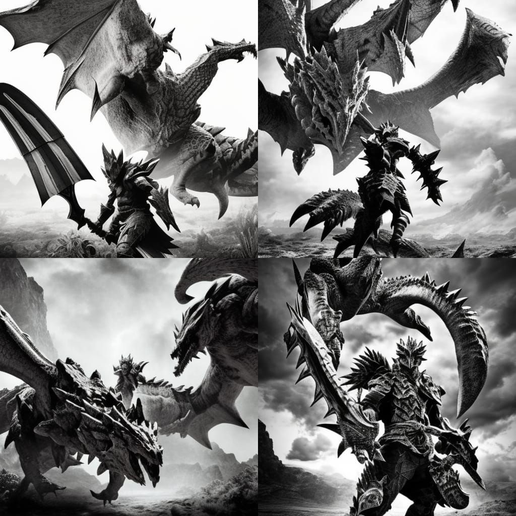 Epic Monster Hunter Artwork in Black and White