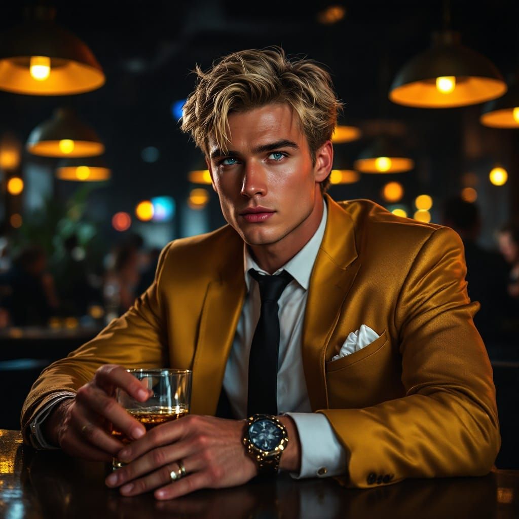 Dapper Man in Golden Attire at a Moody Bar