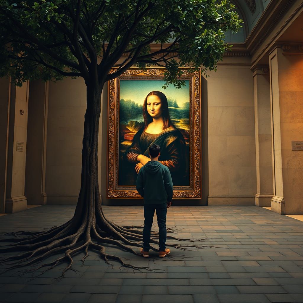 Frozen Man Stares at Mona Lisa, Hyperrealistic