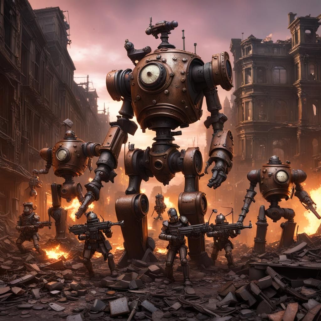 horde of evil humanoid steampunk robots made of metal, wearing army helmets holding rifles in a ruined victorian city, b...