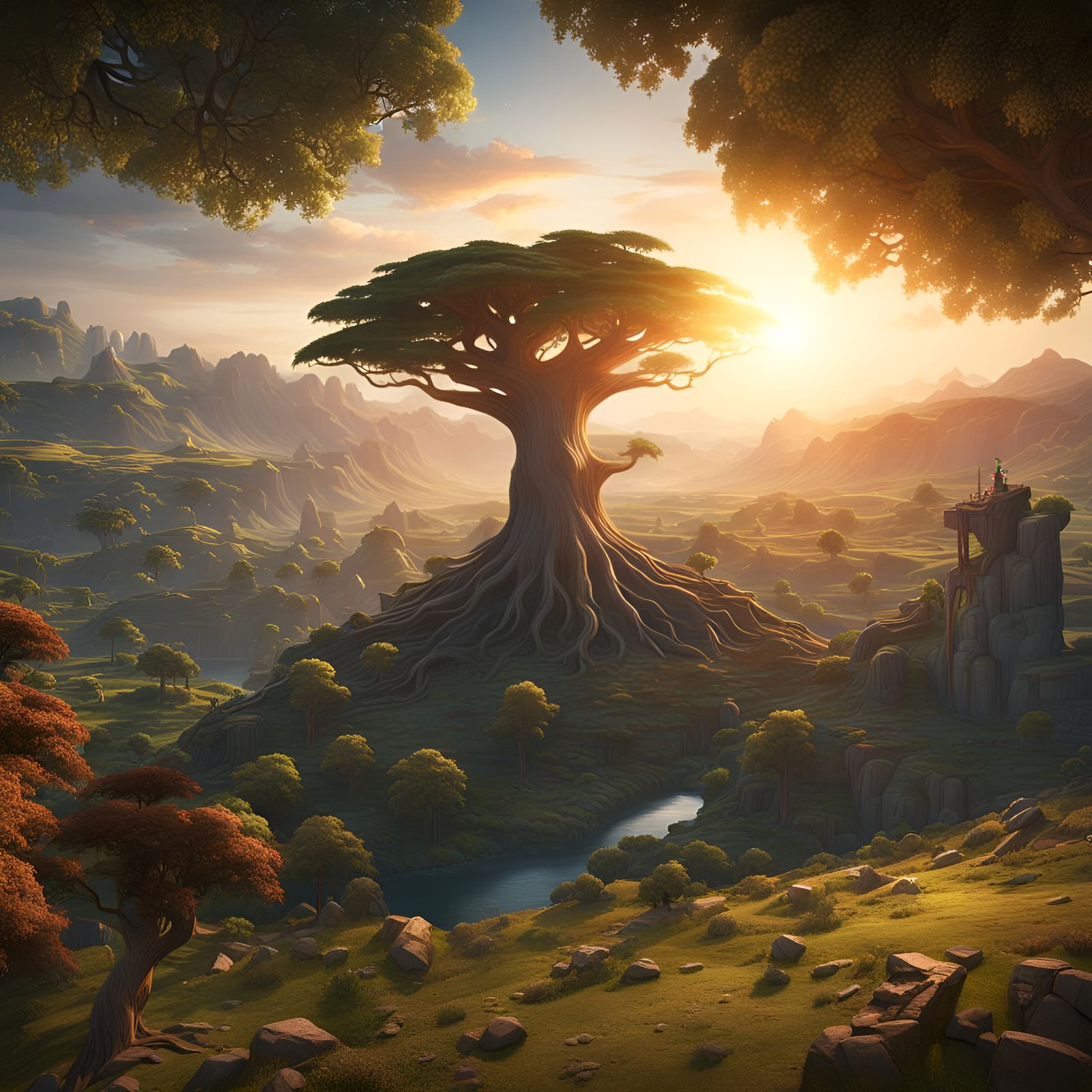 Giant Tree Overlooks Valley: Fantasy Concept Art