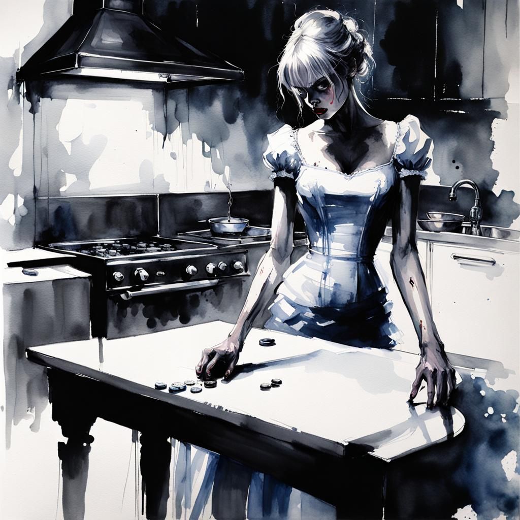 Evil Cinderella in Kitchen: Chiaroscuro Horror Scene
