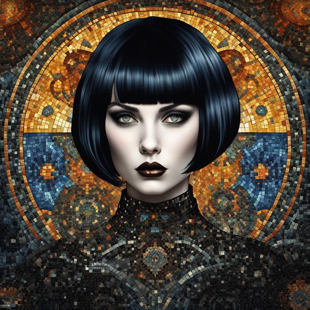 Gothic English Woman with Black Bob in Mosaic Style