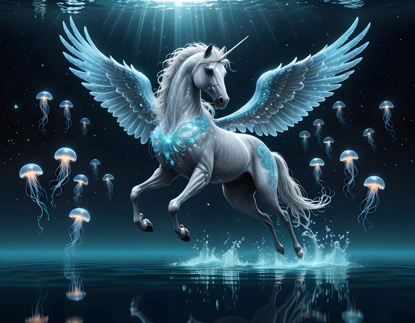 Mythical Pegasus Dances Among Bioluminescent Jellyfish Under...