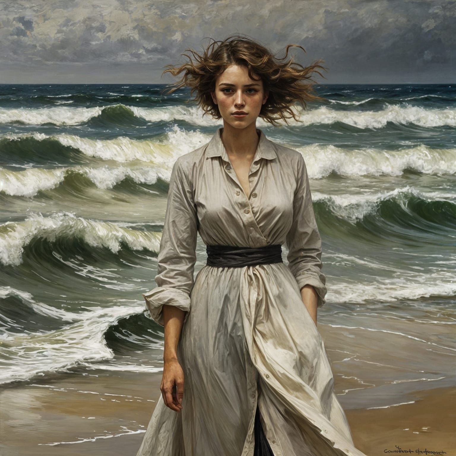 Woman on Stormy Beach as Impasto Oil Painting