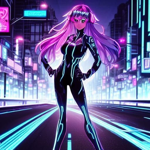 Anime art style female brunette mid-length hair wearing blac...