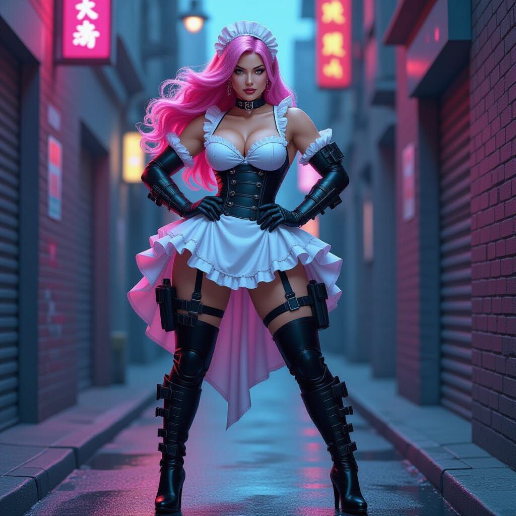 Plus-Size Superheroine Maid in Neon Alleyway