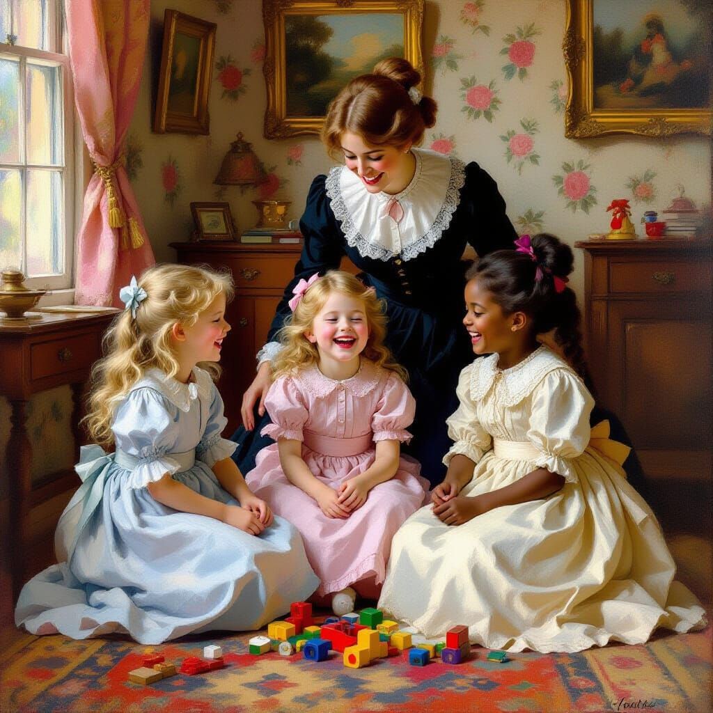 Victorian Girls Play Joyfully in Toy-Filled Room