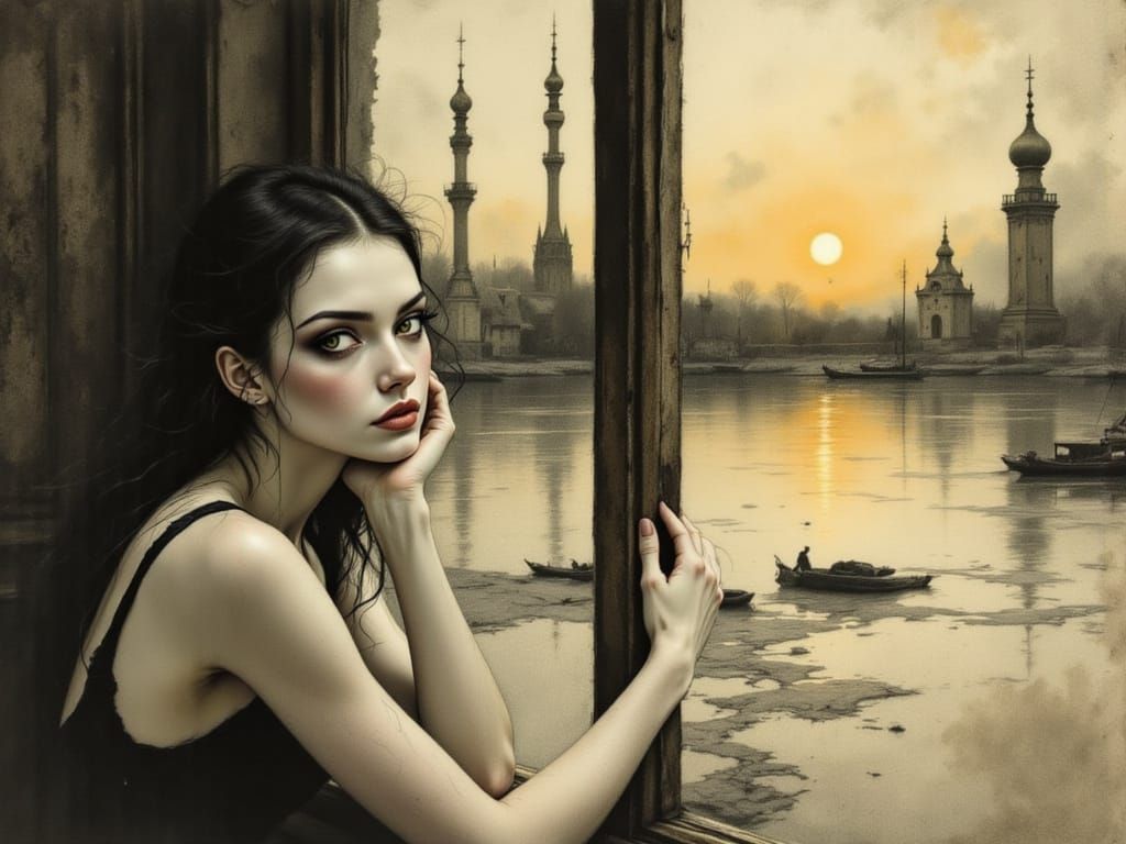 Ethereal Surrealist Scene in Charcoal and Moody Lighting