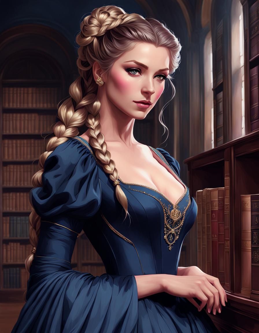 Elegant Woman in Library: Hyperdetailed Digital Portrait