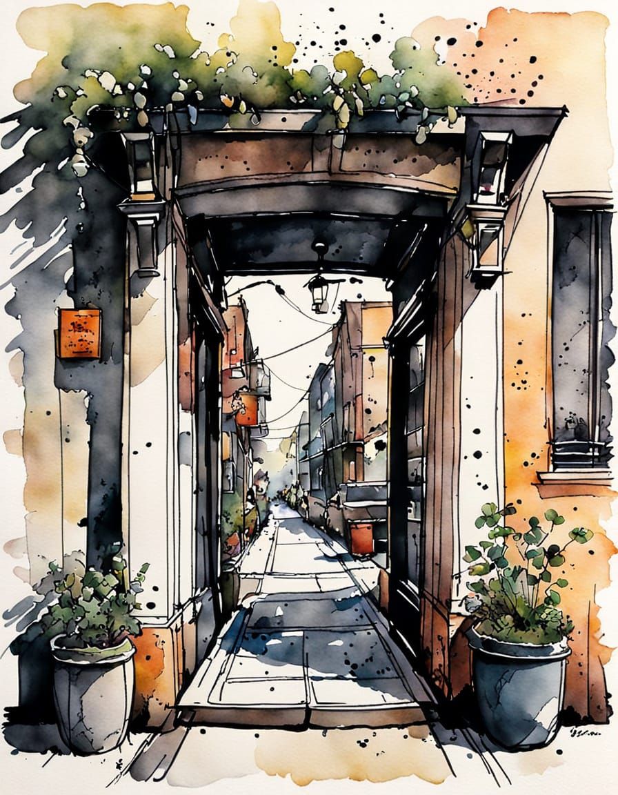Vibrant Bodega Entrance in Abstract Ink and Watercolor Style