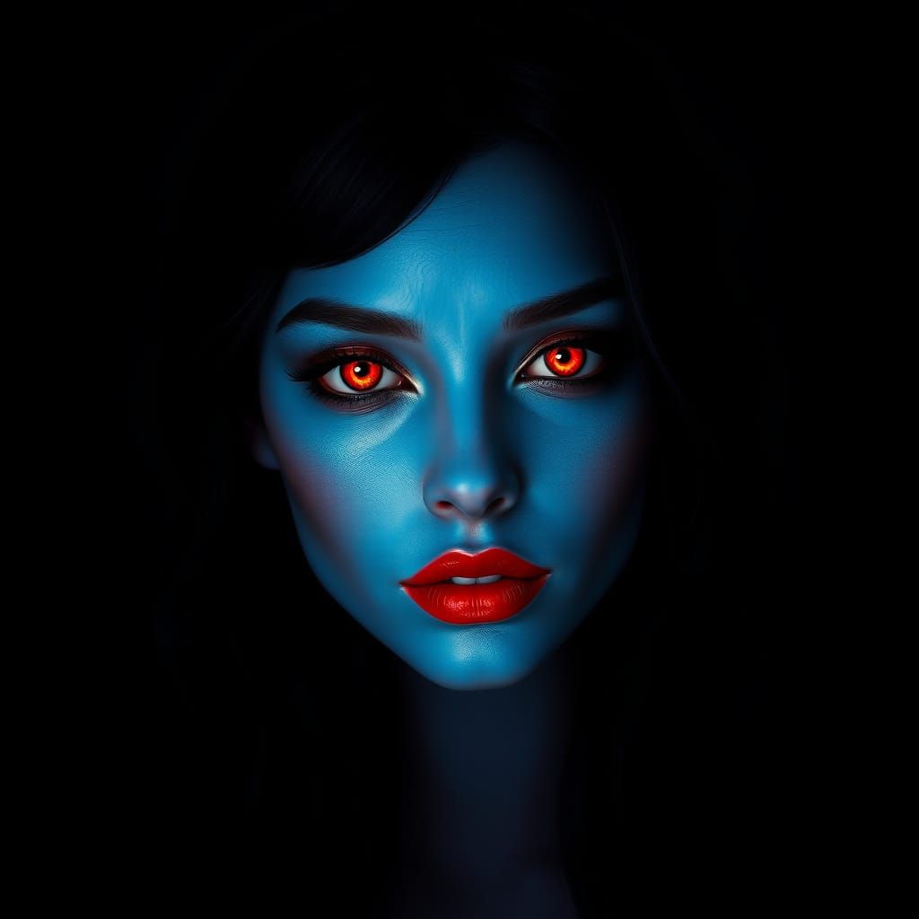 Enchanting Lady with Radiant Blue Skin and Ruby Red Eyes
