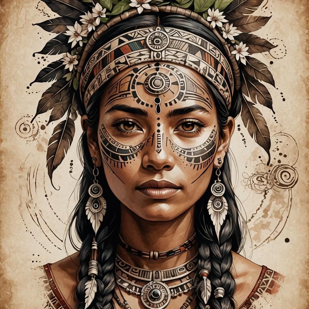 Indigenous Woman's Tattoo Portrait in Traditional Style