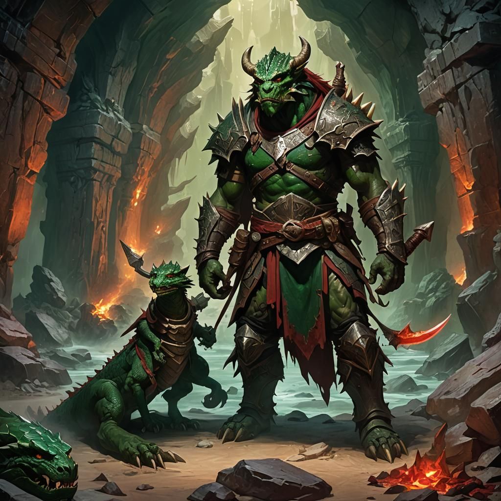 Victorious Dragonborn Barbarian in Mystical Cavern