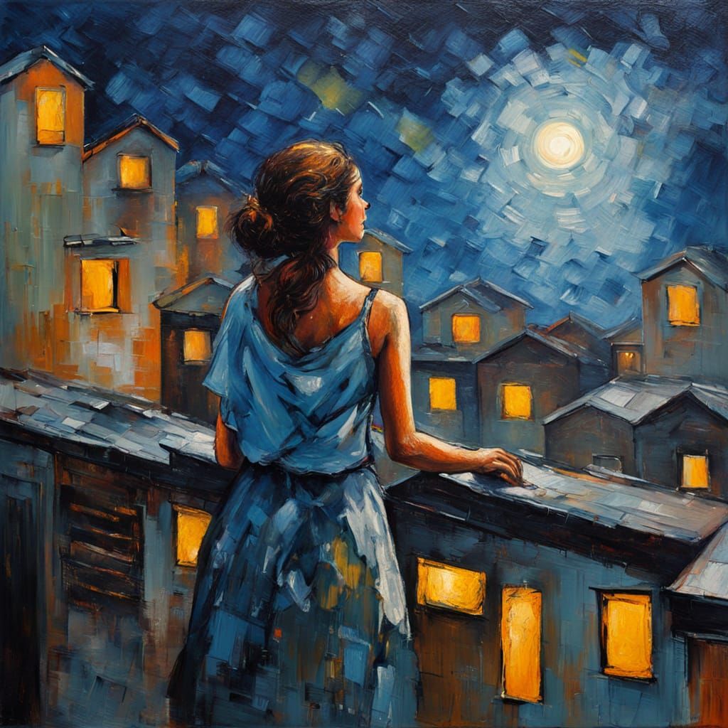 Moonlit Rooftop Bathing Scene in Neo-Impressionist Style
