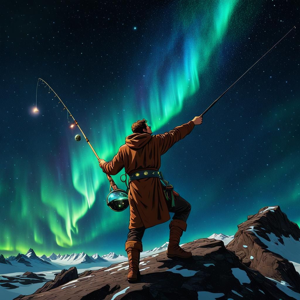 Man Fishing for Stars in Space