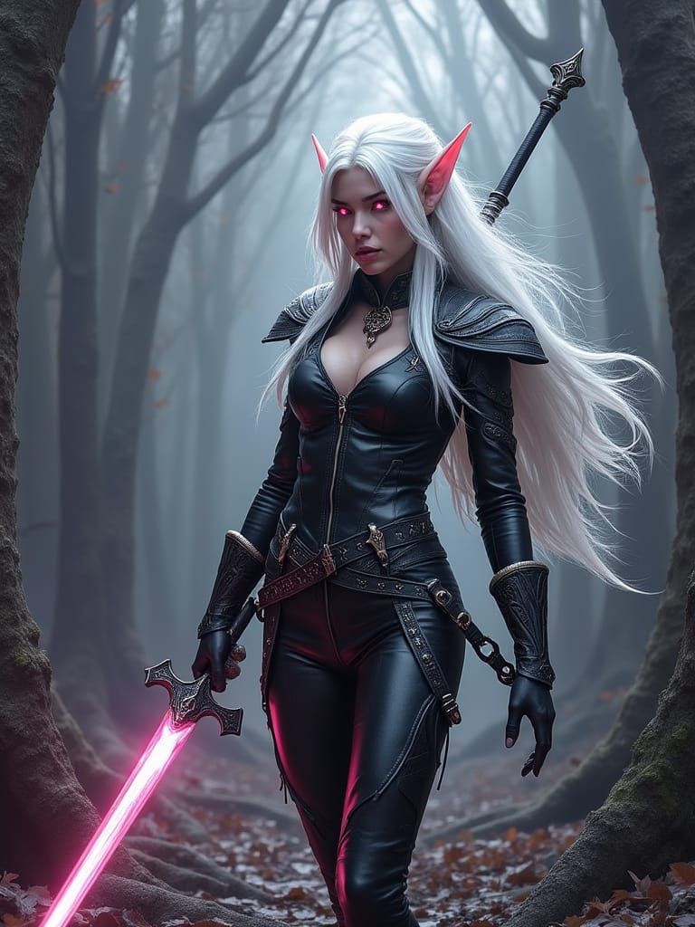 Albino Elf in Black Leather: Digital Matte Painting