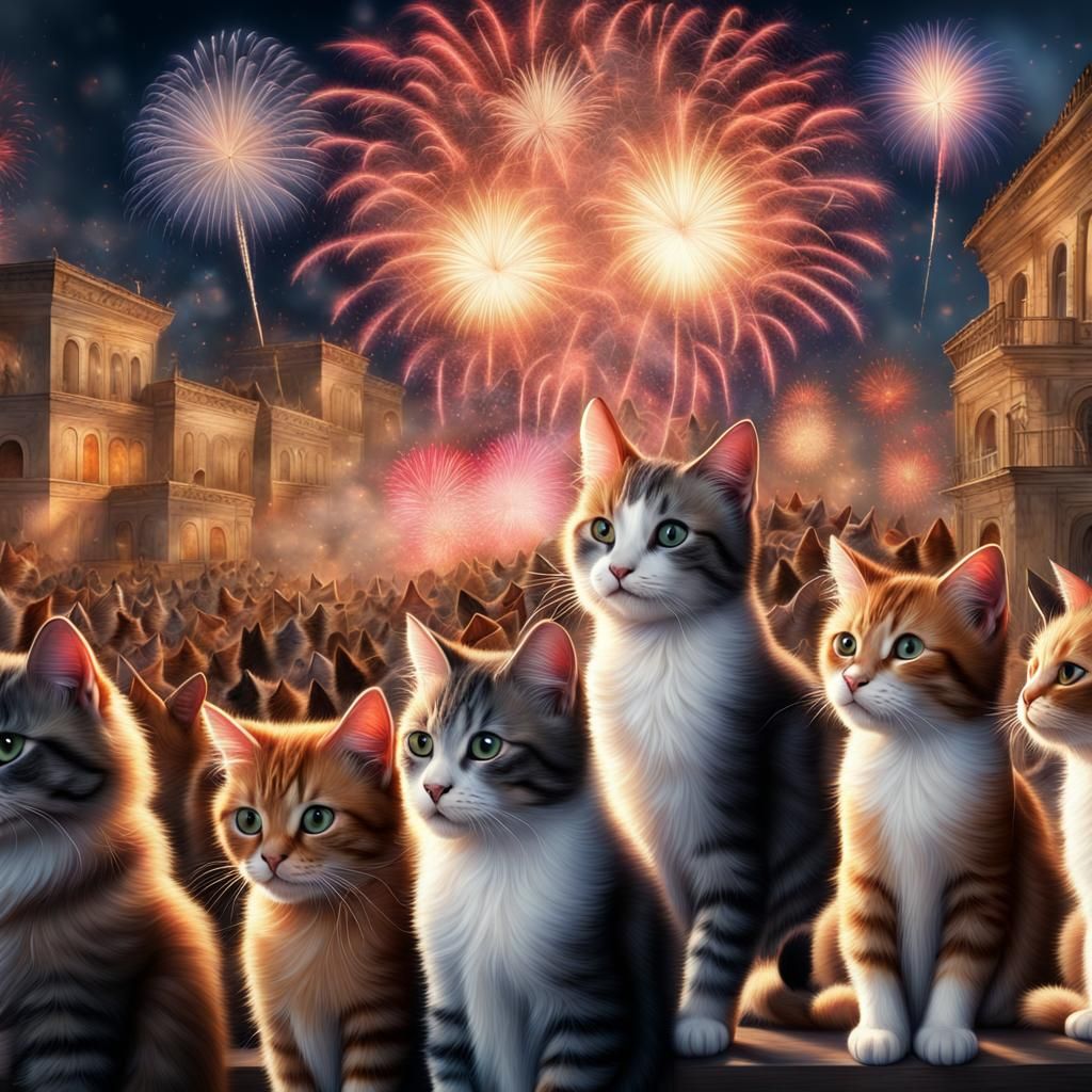 Cats Watch Fireworks in Surreal Photo Illustration