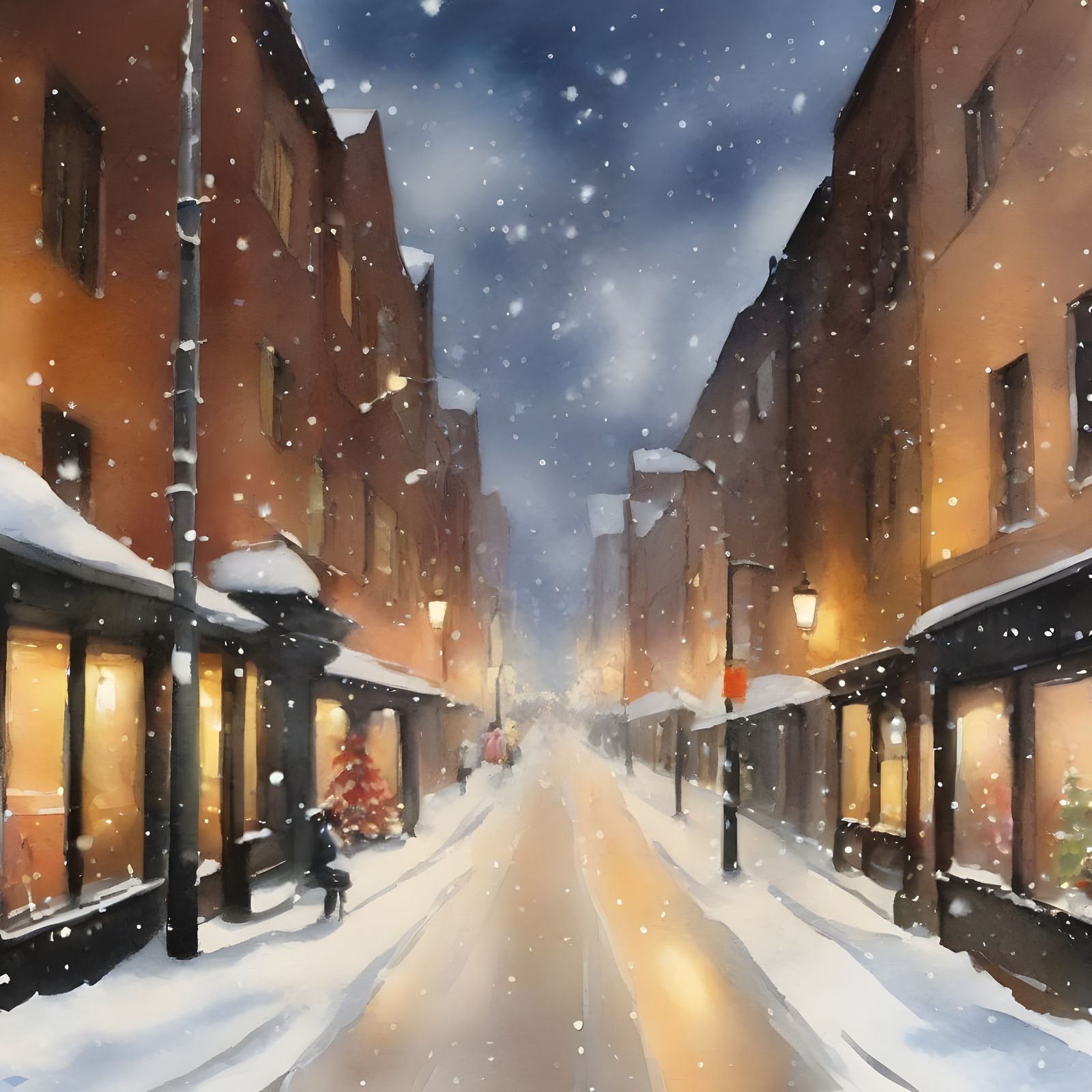 Snowy City Street at Night Watercolor Painting