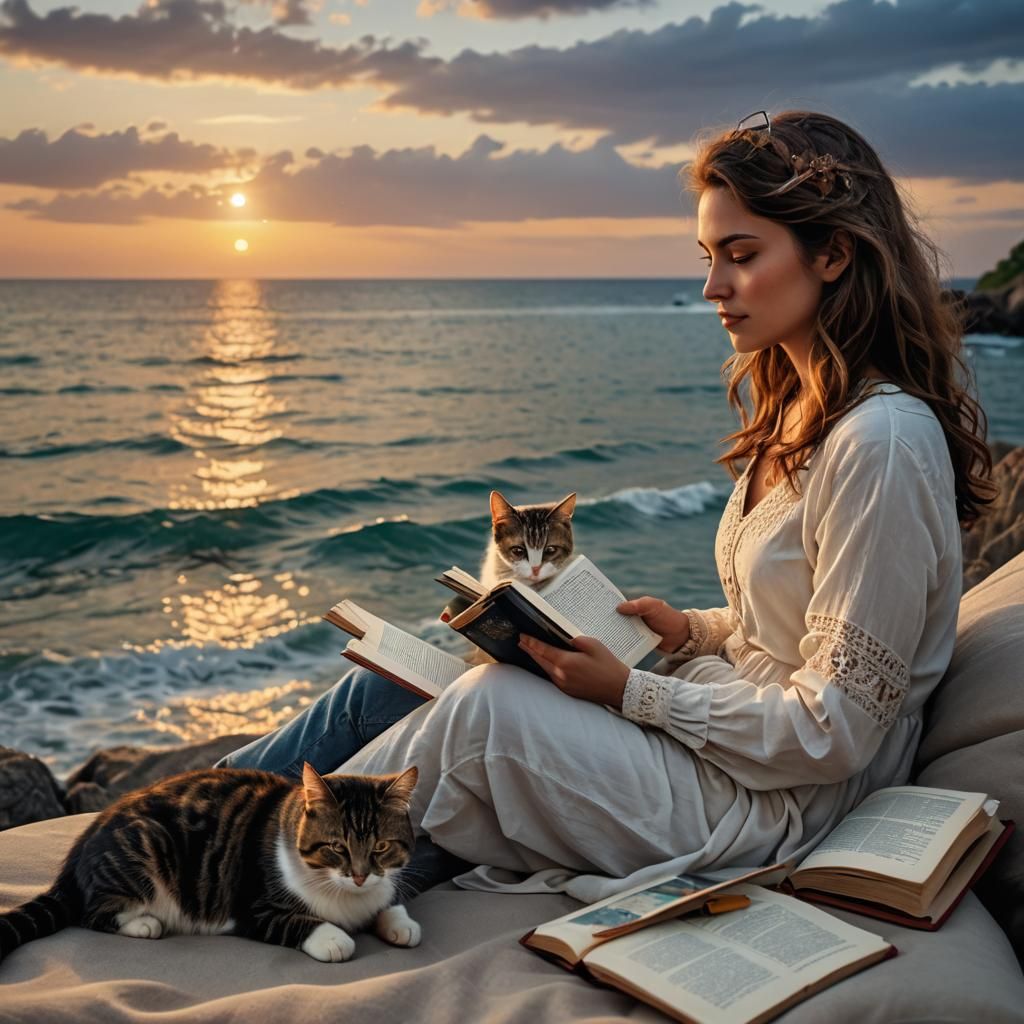 Woman Reading by Ocean at Sunset in HDR