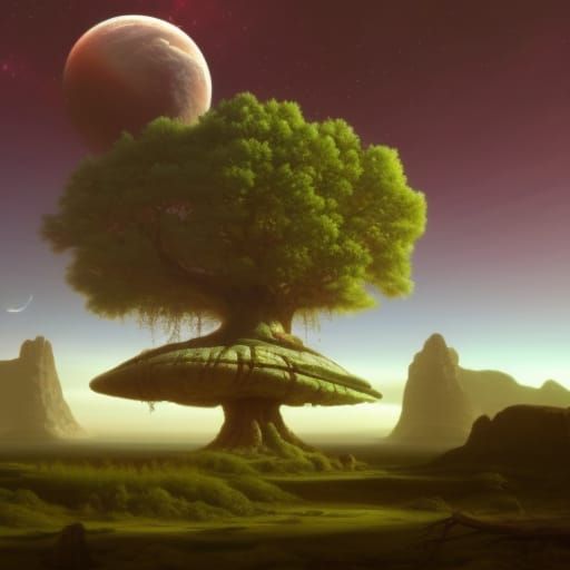 Mystical Tree and Spaceship in Dystopian Landscape
