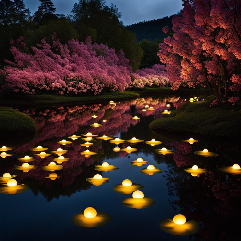 Mystical Floating Lights with Blooming Flowers