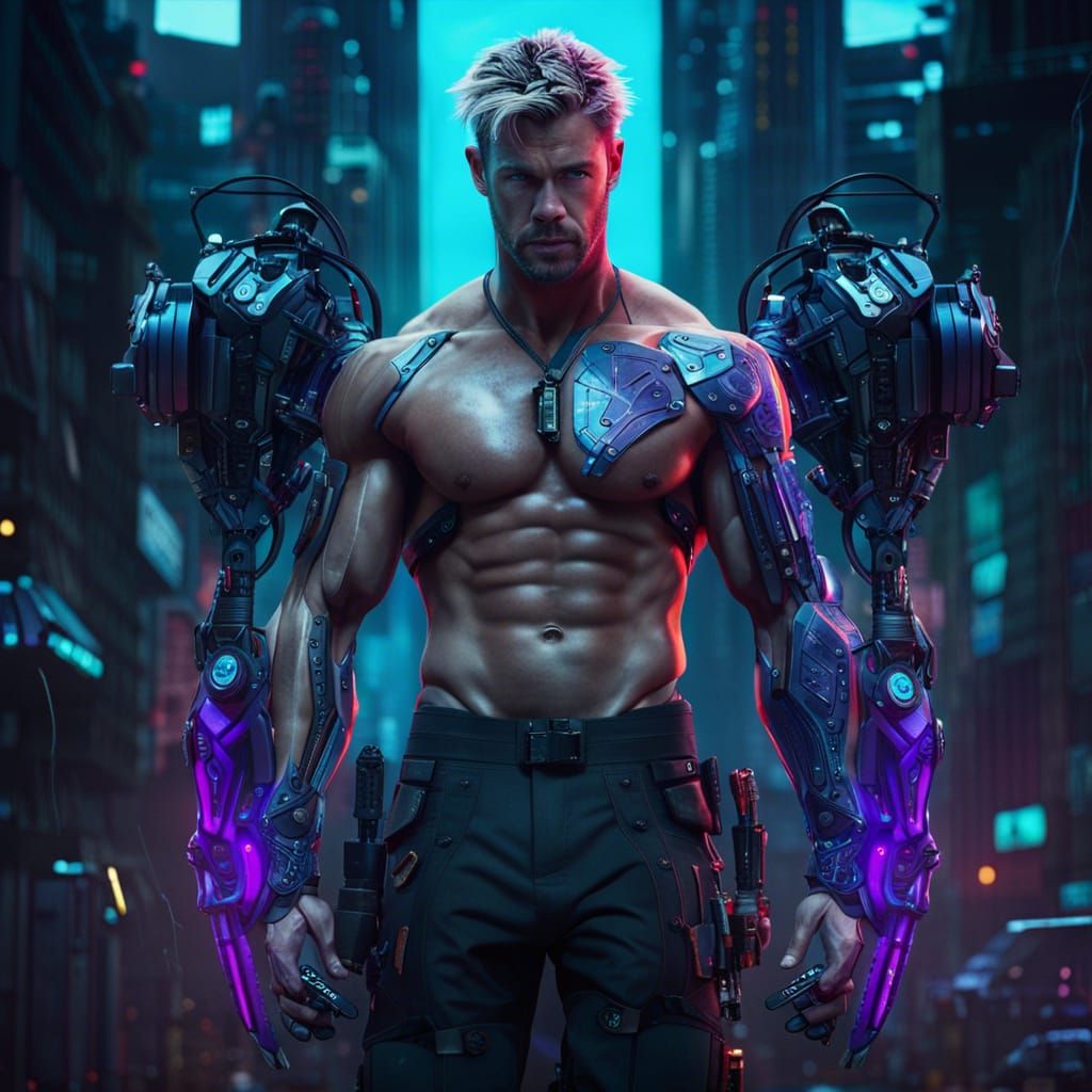 Cyberpunk Chris Hemsworth with Mechanical Arms