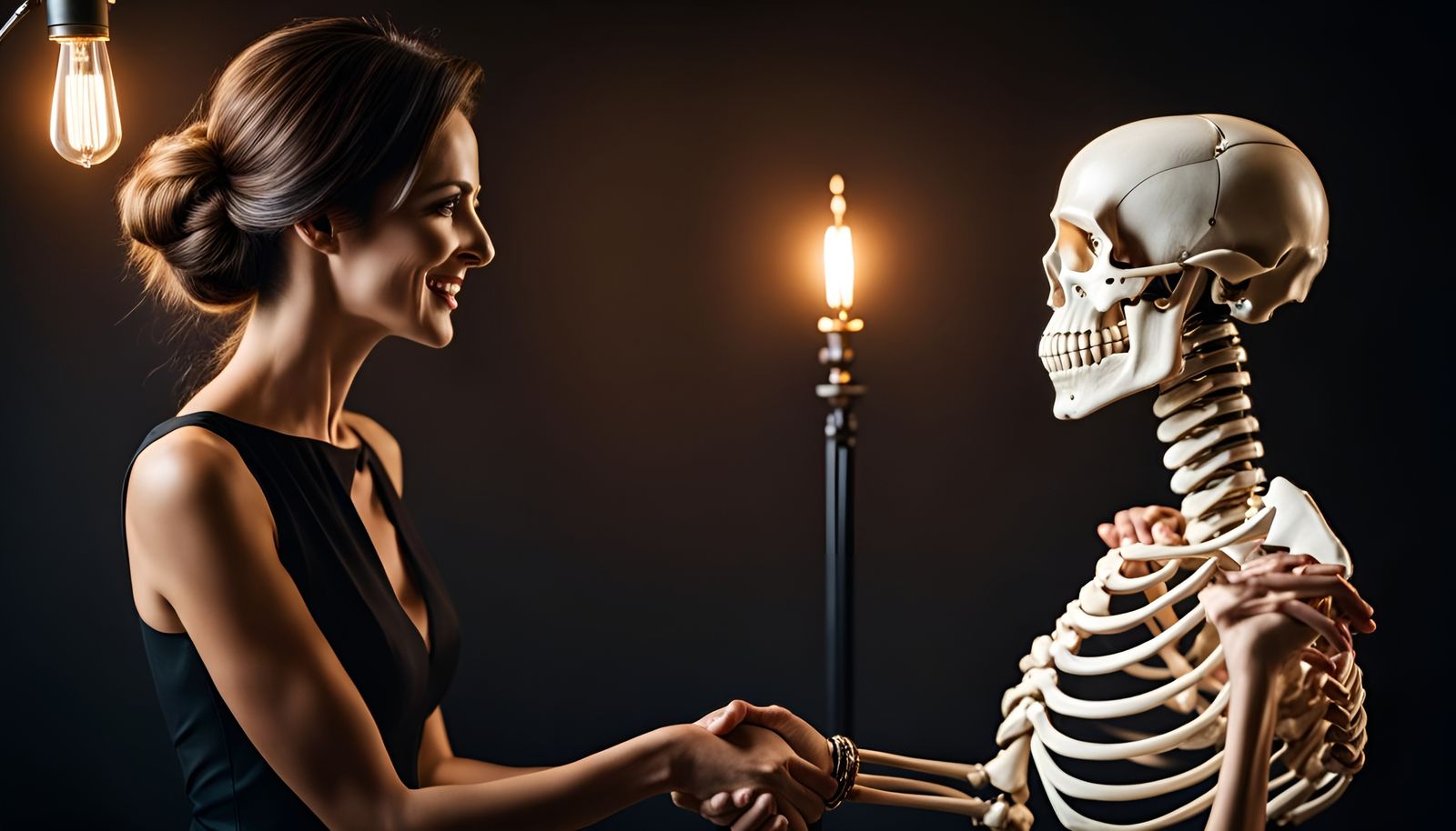 Smiling Woman Agrees with Skeleton: Photographic Portrait