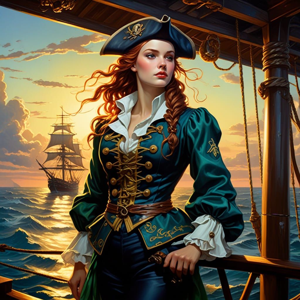 pirate stands on the deck of her ship, gazing out at the horizon