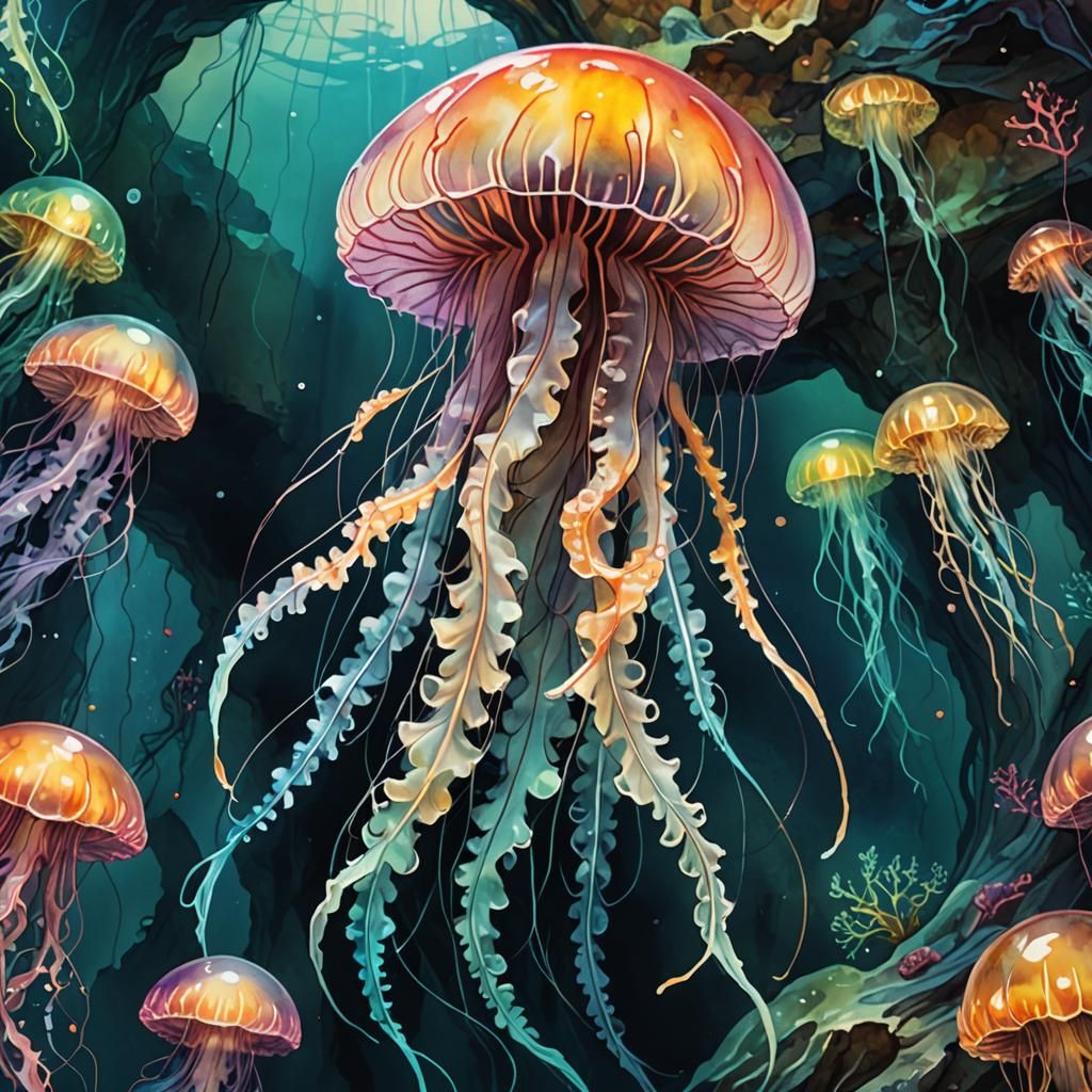 Luminous Jellyfish Creature in Underwater Cave
