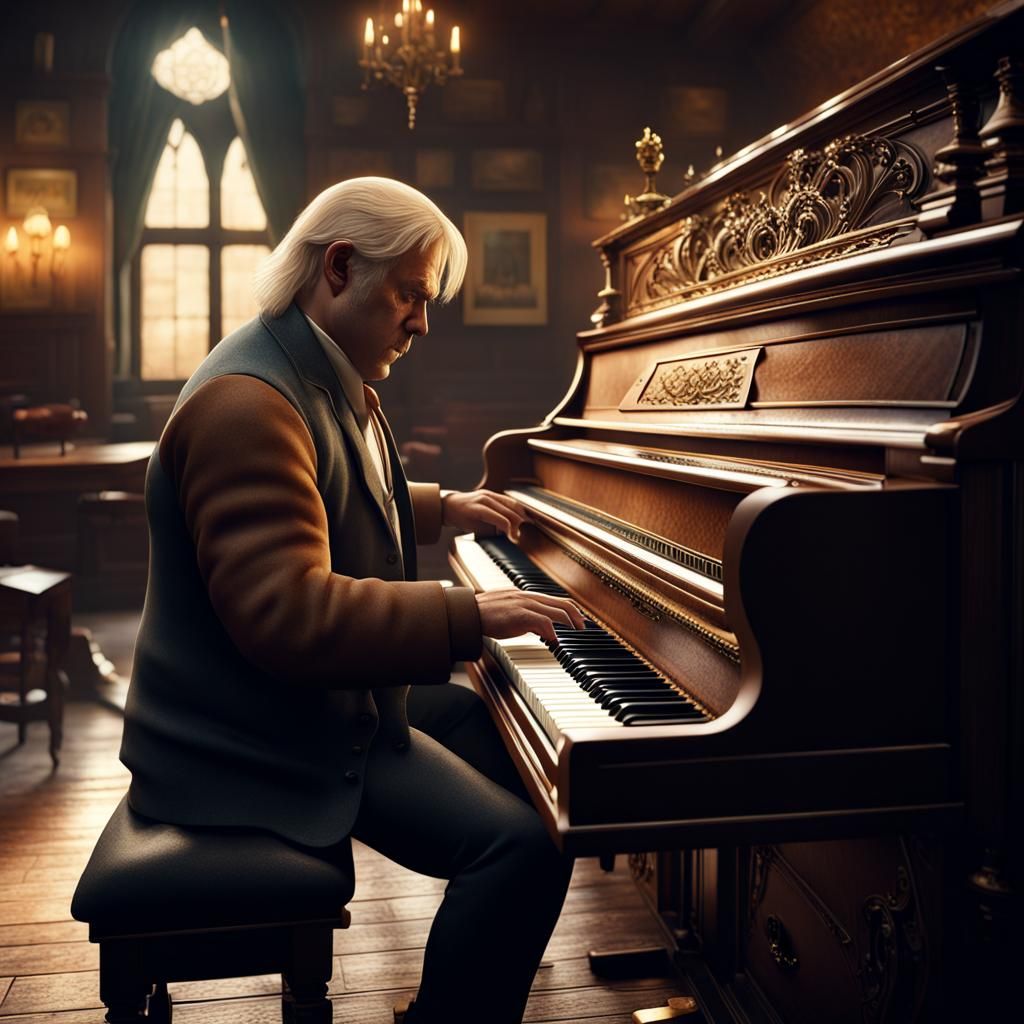 Man Playing Piano in English Pub: Detailed Matte Painting