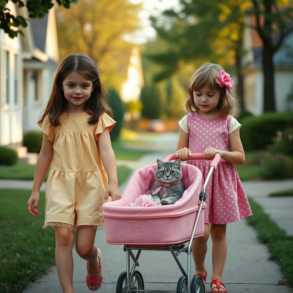Girls Strolling with Tabby Cat in Pink Stroller
